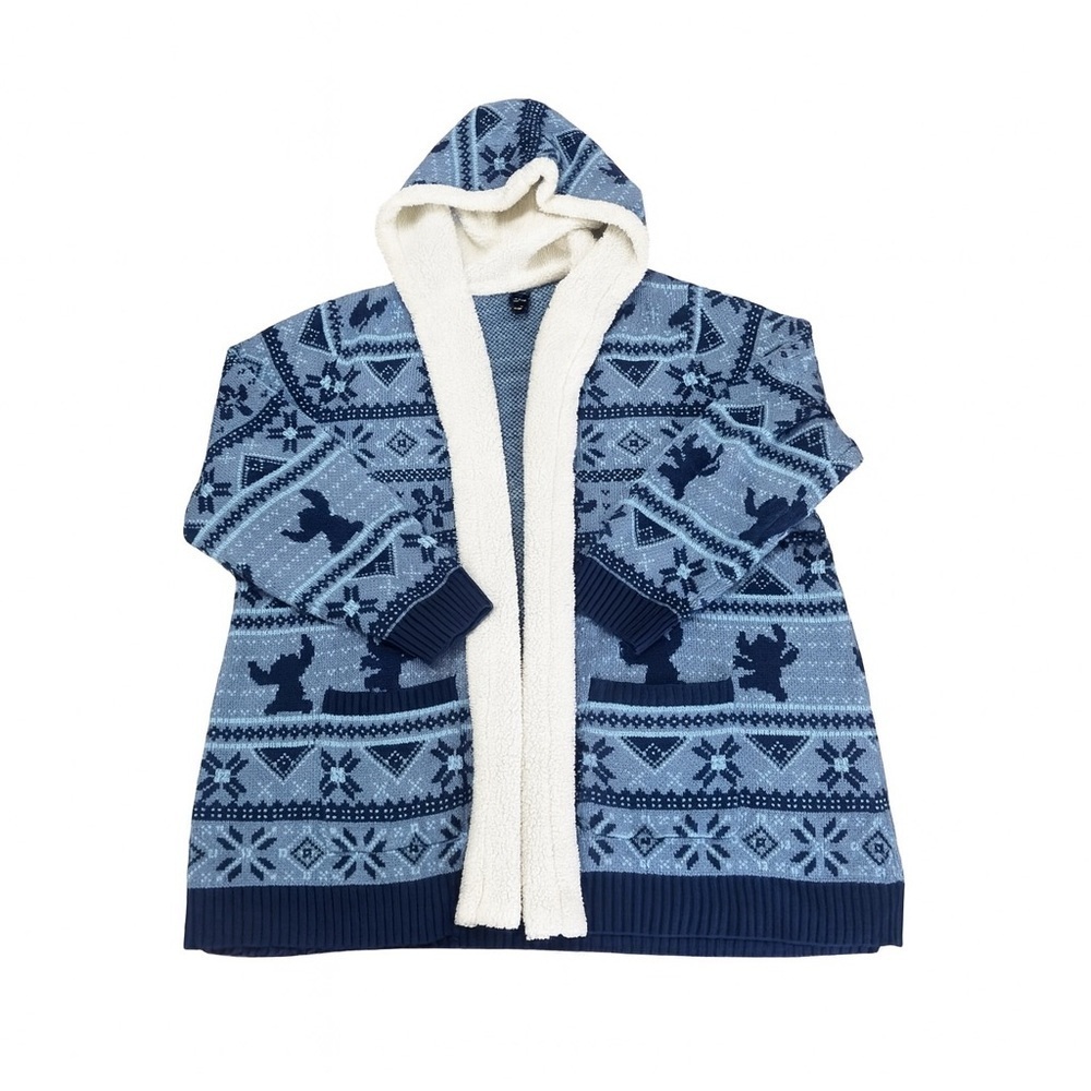 Disney Stitch Blue Nordic Sherpa Trim Hooded Cardigan Fair Isle Sweater Size 5